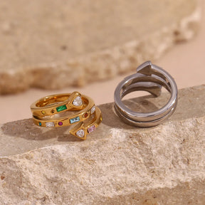 E.B. Belle-Three Layer Coração e Seta Zircon Anel Aberto, Jóias em Aço Inoxidável 316L, Acessórios Banhados a Ouro 18K