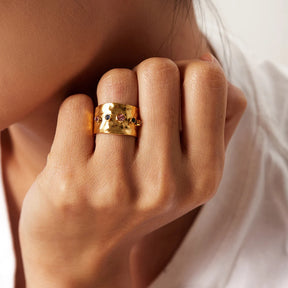 Uworld-Colorido Zircão Cúbico Banda Larga para Mulheres, Jóias de Aço Inoxidável, Impermeável Banhado a Ouro 18K, Anéis de Declaração, CZ Cristal