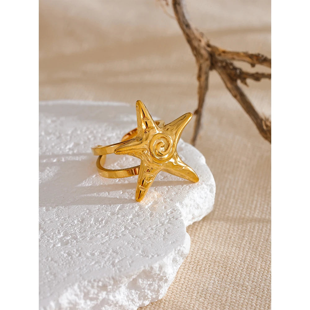 Yhpup-316L Aço inoxidável Starfish Open Ring, ajustável 18K Gold PVD Plated Metal, verão jóias personalizadas para férias