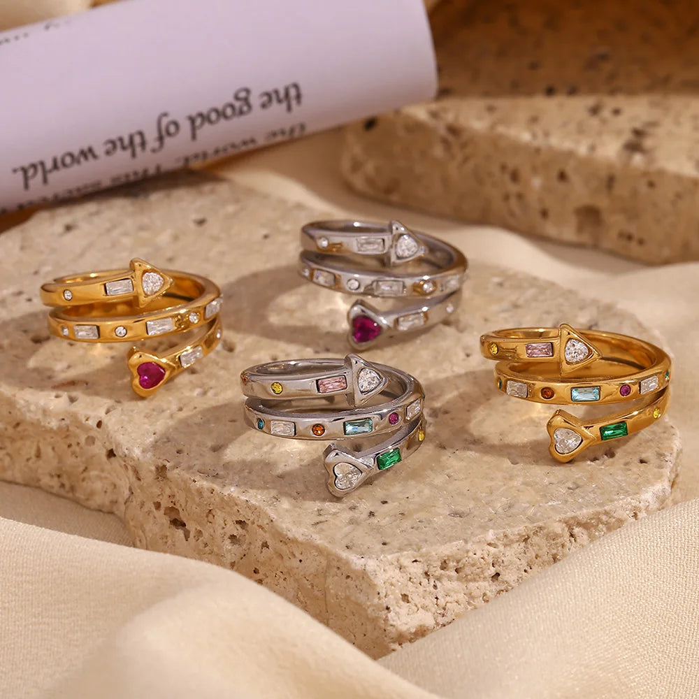 E.B. Belle-Three Layer Coração e Seta Zircon Anel Aberto, Jóias em Aço Inoxidável 316L, Acessórios Banhados a Ouro 18K