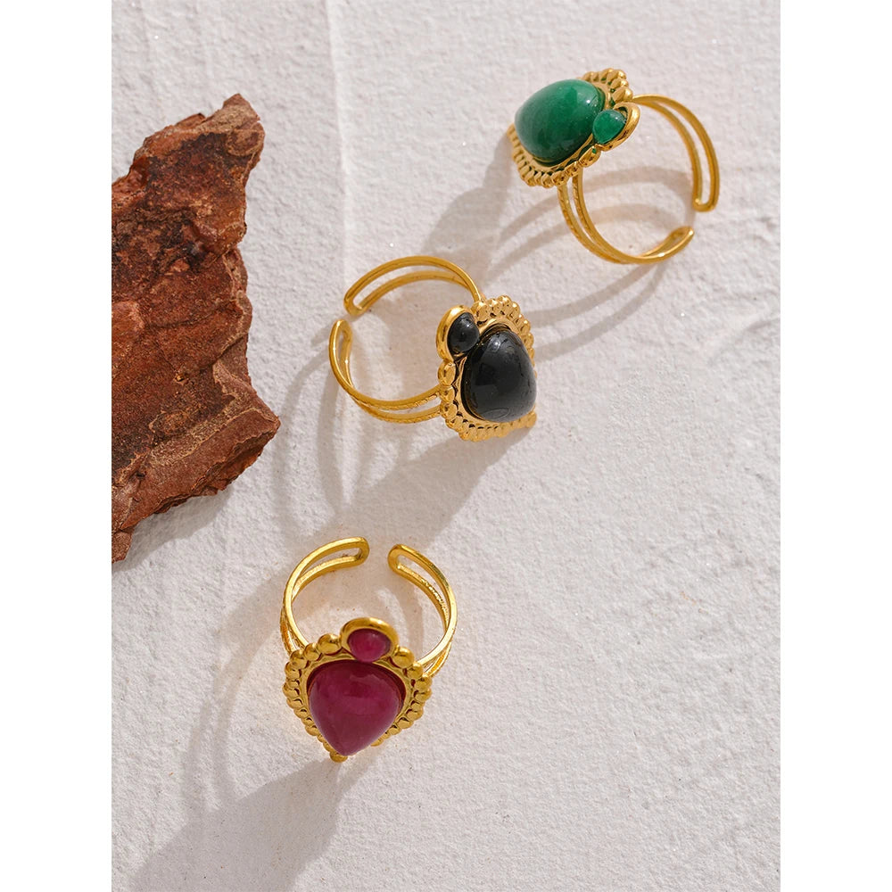 Yhpup-Anel Aberto de Aço Inoxidável para Mulheres, Pedra Natural, Ágata Artificial, Banhado a Ouro 18K, Jóias Moda Impermeável