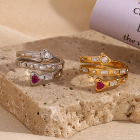 E.B. Belle-Three Layer Coração e Seta Zircon Anel Aberto, Jóias em Aço Inoxidável 316L, Acessórios Banhados a Ouro 18K