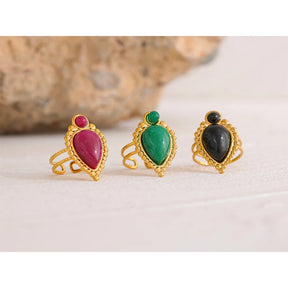 Yhpup-Anel Aberto de Aço Inoxidável para Mulheres, Pedra Natural, Ágata Artificial, Banhado a Ouro 18K, Jóias Moda Impermeável