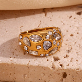 Anel de cúpula de strass para mulheres, olho de cavalo, coração, zircão hipoalergênico, banhado a ouro 18k, aço inoxidável 316L, decoração
