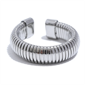 Yhpup moda aço inoxidável redondo elástico aberto anel minimalista 18k pvd banhado metal clássico textura jóias anillo bijoux