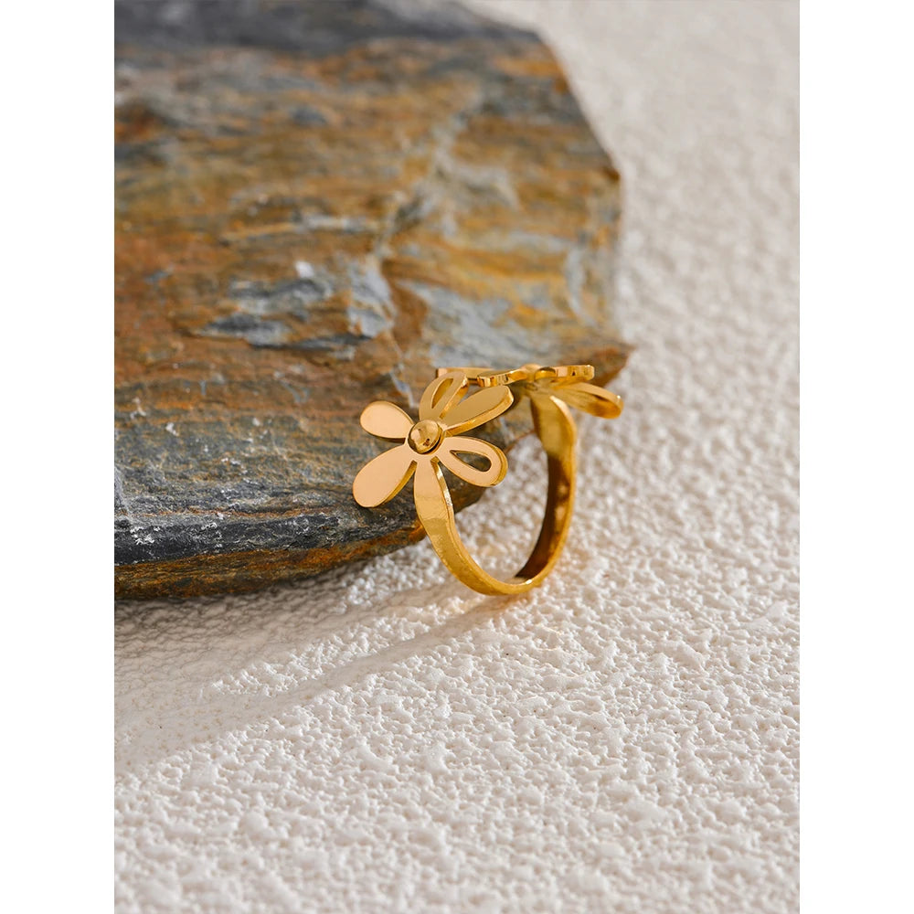 Yhpup-anel dourado aberto em aço inoxidável para mulheres, impermeável banhado a PVD 18k, joias elegantes, presente flor da planta, 2024
