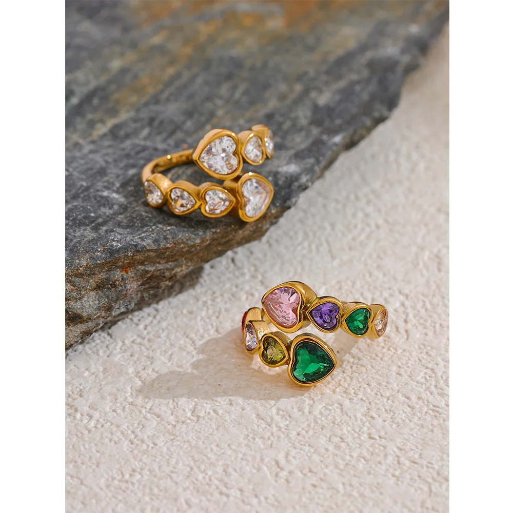 Yhpup-Delicado Cubic Zirconia Coração Aberto Anel, Aço Inoxidável, Cor Dourada, Moda Ajustável, Chic Charme Jóias, Alta Qualidade