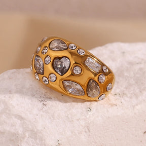 Anel de cúpula de strass para mulheres, olho de cavalo, coração, zircão hipoalergênico, banhado a ouro 18k, aço inoxidável 316L, decoração
