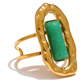 Yhpup-Pedra Natural Anel Aberto Ajustável, Punho De Ágata Verde, 18K PVD Banhado, Aço Inoxidável, Dedo Dourado Jóias, Presente Da Moda, 2024