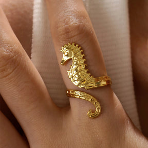 Criativo 18K banhado a ouro PVD aço inoxidável anti mancha metálico cavalo marinho aberto anéis de coquetel ajustáveis para mulheres e meninas