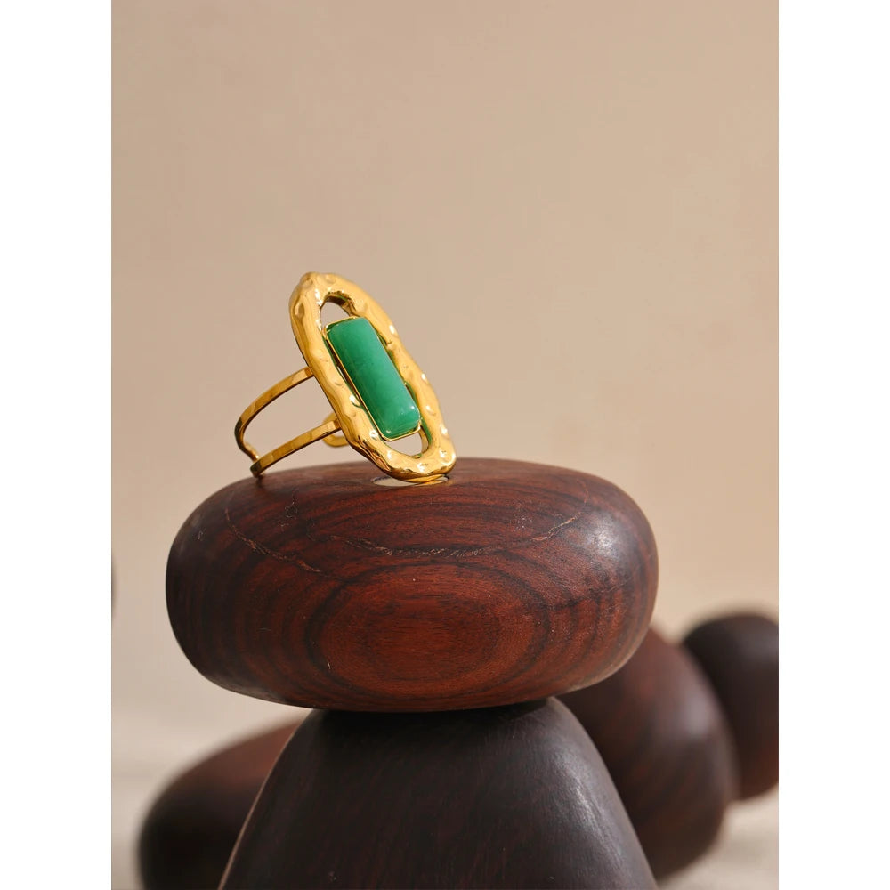 Yhpup-Pedra Natural Anel Aberto Ajustável, Punho De Ágata Verde, 18K PVD Banhado, Aço Inoxidável, Dedo Dourado Jóias, Presente Da Moda, 2024