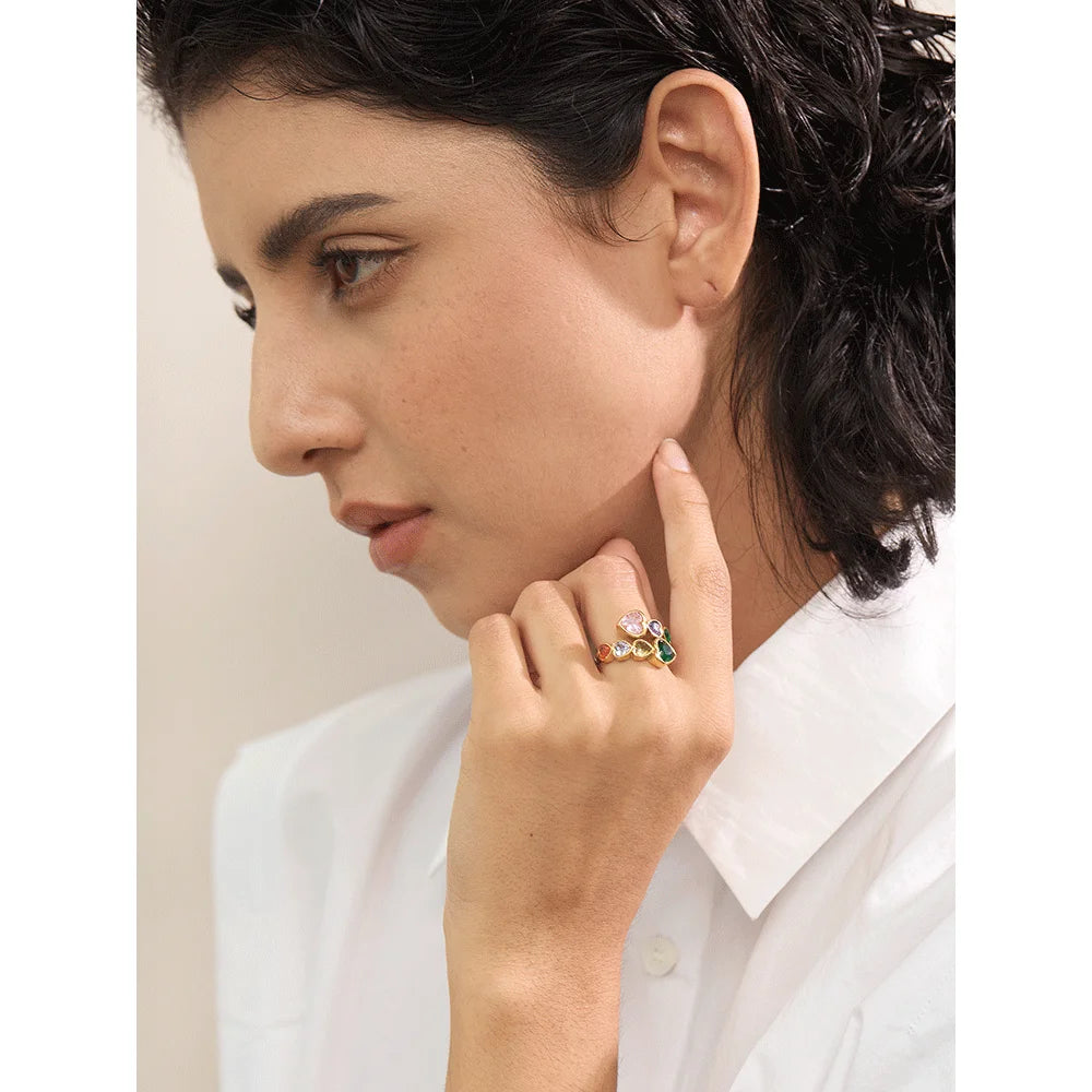 Yhpup-Delicado Cubic Zirconia Coração Aberto Anel, Aço Inoxidável, Cor Dourada, Moda Ajustável, Chic Charme Jóias, Alta Qualidade