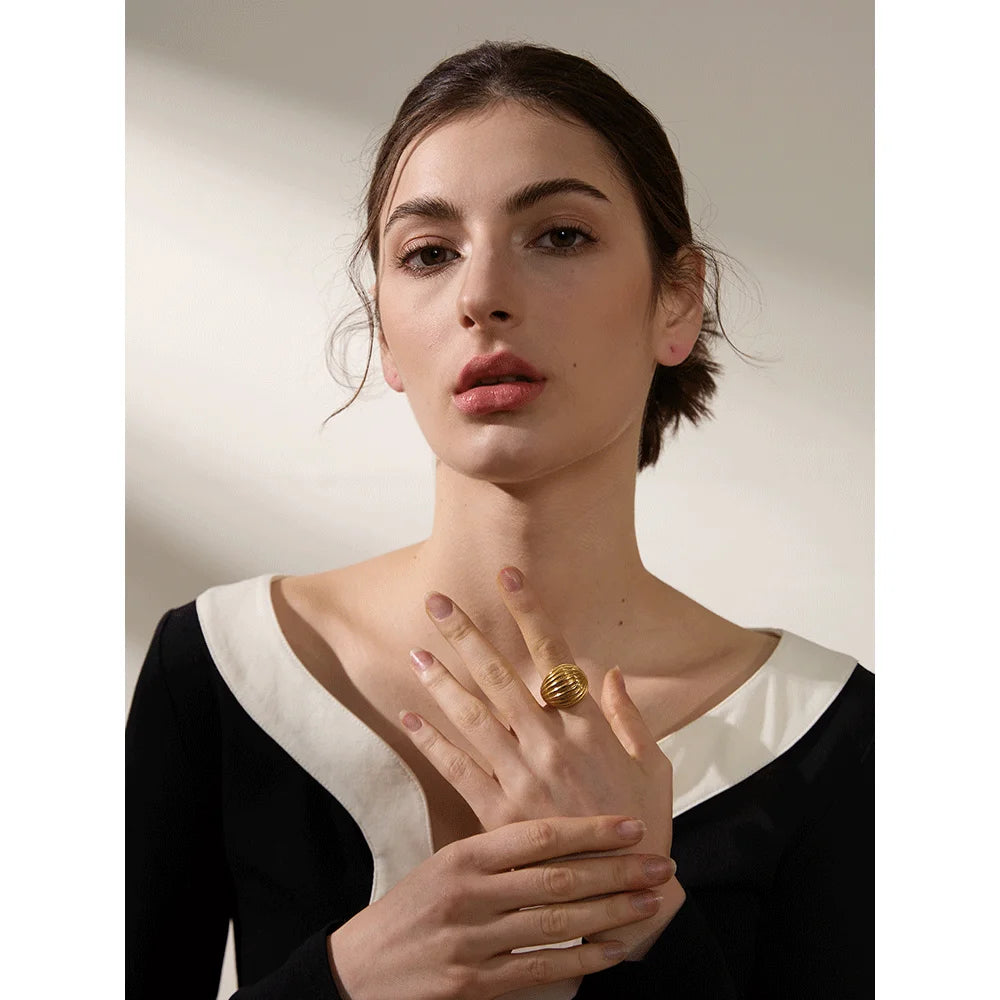 Yhpup 316l aço inoxidável listra geométrica moda anel aberto para mulheres textura de metal 18k banhado elegante jóias de alta qualidade
