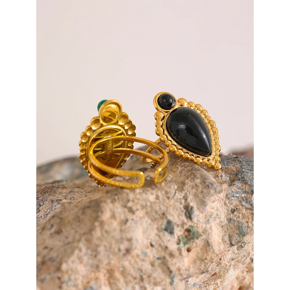 Yhpup-Anel Aberto de Aço Inoxidável para Mulheres, Pedra Natural, Ágata Artificial, Banhado a Ouro 18K, Jóias Moda Impermeável