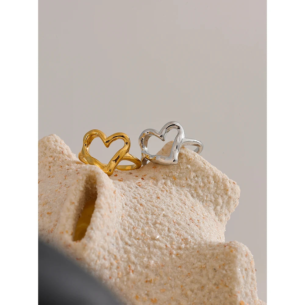 Yhpup minimalista aço inoxidável coração amor oco anel ajustável feminino à prova de ferrugem charme dedo jóias atacado bijoux