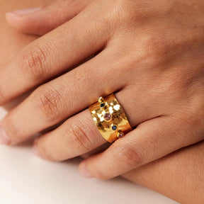 Uworld-Colorido Zircão Cúbico Banda Larga para Mulheres, Jóias de Aço Inoxidável, Impermeável Banhado a Ouro 18K, Anéis de Declaração, CZ Cristal