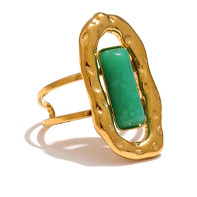 Yhpup-Pedra Natural Anel Aberto Ajustável, Punho De Ágata Verde, 18K PVD Banhado, Aço Inoxidável, Dedo Dourado Jóias, Presente Da Moda, 2024