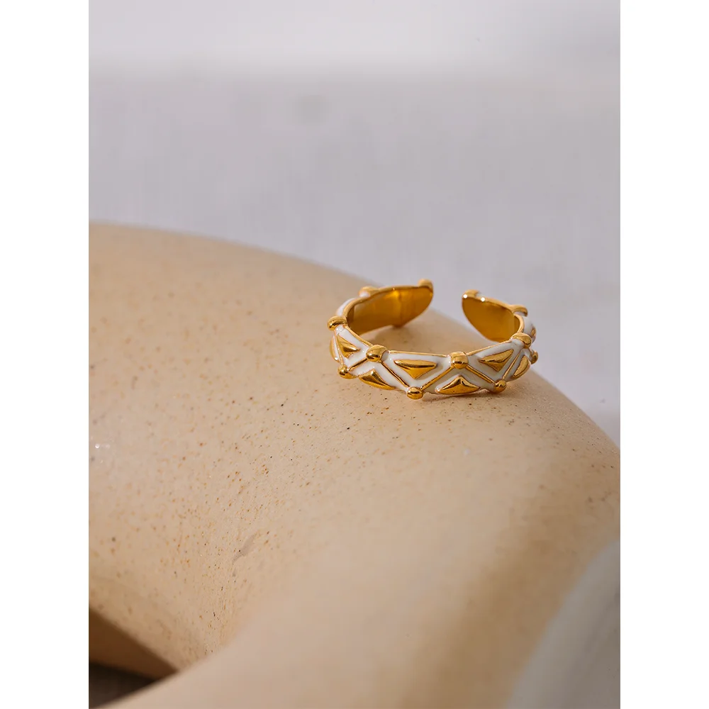 Yhpup-Anel em Aço Inoxidável em Ouro Aberto para Mulheres, Esmalte Branco, Charme Requintado, Dedo Diário Da Moda, Presente Da Moda