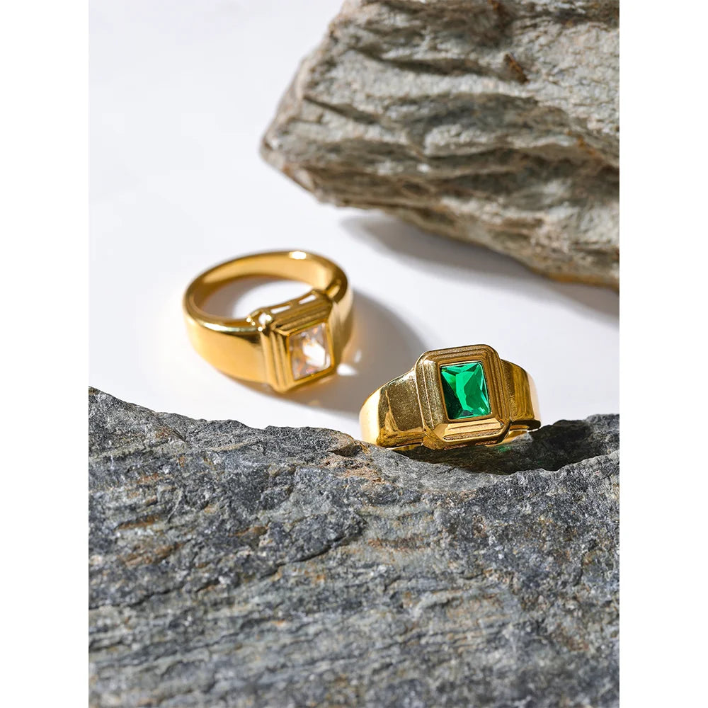 Yhpup branco verde zircônia cúbica quadrado de aço inoxidável à prova dwaterproof água anel charme textura elegante jóias de ouro