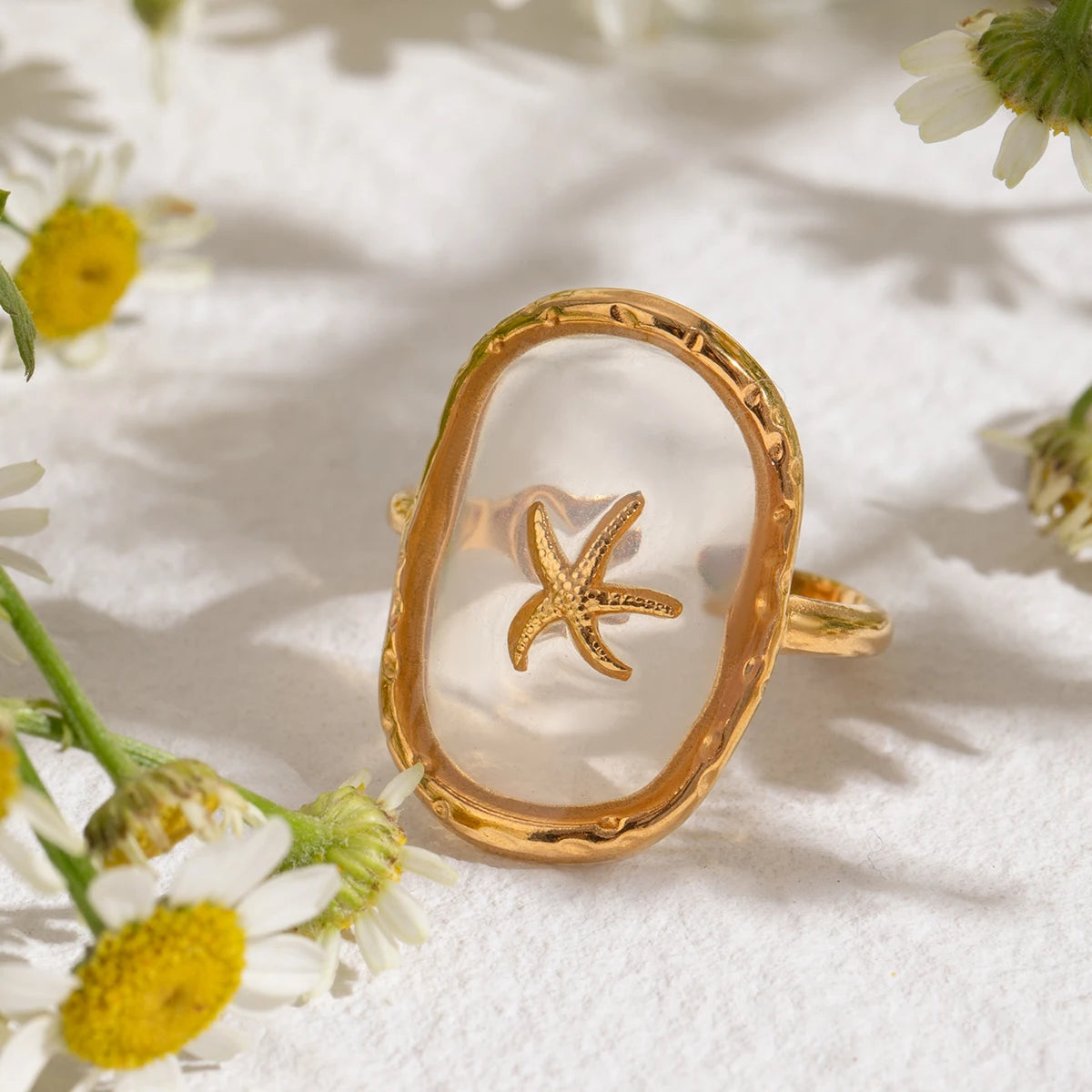 18k banhado a ouro oval starfish anel aberto para mulheres, aço inoxidável, padrão de martelo, oceano, vento, charme anti-alérgico, jóias diárias